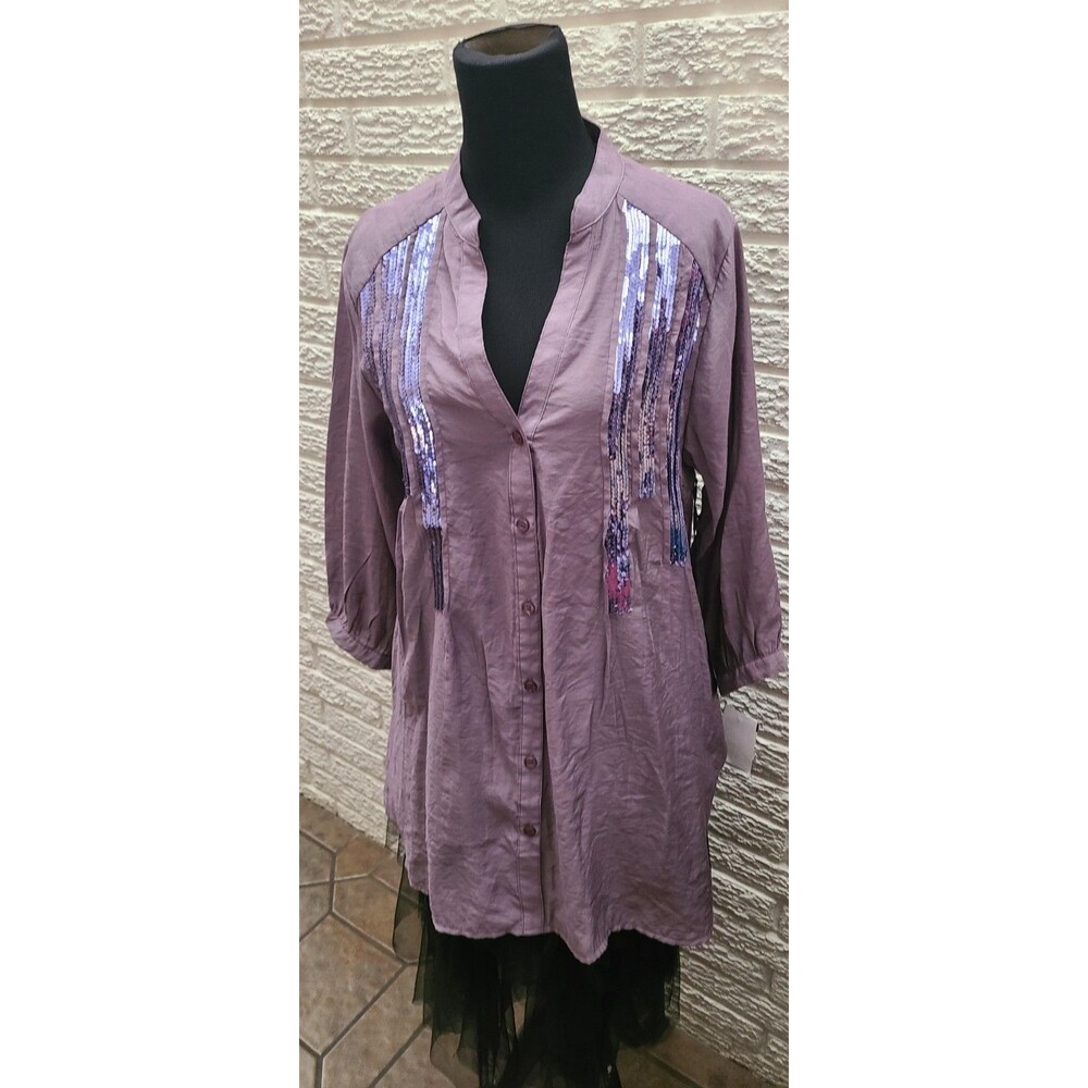 Love Stitch PURPLE Embellished Blouse Sequins 3/4 Sleeves Large NEW